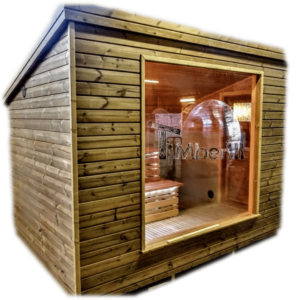 Cabina sauna exterior con ventana panorámica